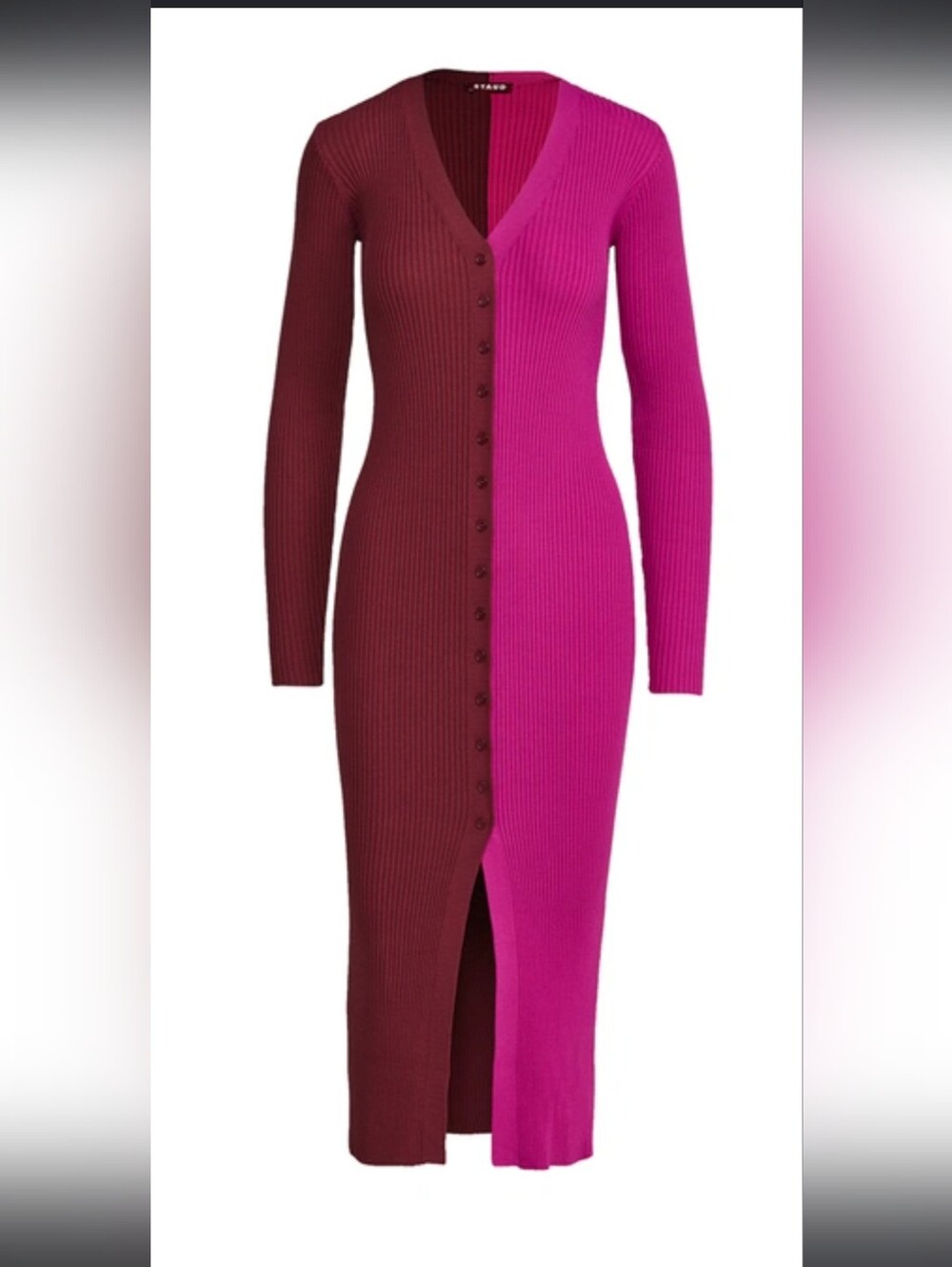 STAUD Colorblock color Sp Ribbed Button-Front Midi Dress in Burgundy and Fuchsia